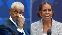 A composite image of Barack Obama wiping away a tear and Michelle Obama giving a speech at the opening of the Obama Presidential Center, in Chicago, Illinois, U.S., June 18, 2026.