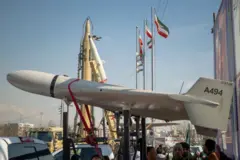 Iranian aerial vehicle displayed at di Azadi (Freedom) Square in western Tehran, Iran, on February 11, 2024. Iran flag dey di background