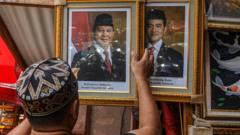 Pedagang menata foto pasangan Prabowo-Gibran sebagai Presiden dan Wakil Presiden 2024-2029 di kawasan Pasar Baru, Jakarta, Selasa (23/4/2024).