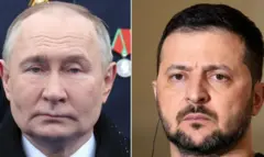 Di only face-to-face meeting between Russian President Vladimir Putin (left) and im Ukrainian counterpart Volodymyr Zelensky (right) na for December 2019 for Paris