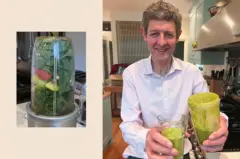 Hugh Pym con un jugo verde como parte de su plan de alimentación recomendado por un dietista