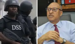 Fotomix of Image of DSS officer wit gun and Political Econimist, Pat Utomi