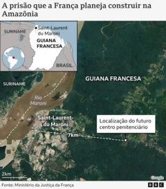 Mapa indica localização da prisão que a França planeja construir na Amazônia