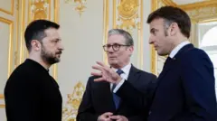 Volodymyr Zelensky, Emmanuel Macron and Sir Keir Starmer attended a summit for the so-called "Coalition of the Willing" in Paris in March
