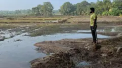 ගංවතුරෙන් විනාශ වූ සිය කුඹුර දෙස බලා සිටින පුද්ගලයෙකු