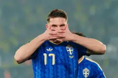 : Viktor Gyokeres of Sweden dey celebrate im hat trick