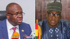 የመከላከያ ሚኒስትሩ ኤድዋርድ ኦማኔ ቦአማህ (በስተግራ) እና የአካባቢ፣ የሳይንስ እና ቴክኖሎጂ ሚኒስትሩ ኢብራሂም ሙርታላ መሀመድ (በስተቀኝ)