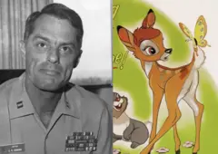 Donnie Dunagan quando servia à Marinha Americana e detalhe de cartaz de 'Bambi', filme da Walt Disney