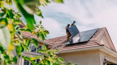 ඇමරිකා එක්සත් ජනපදයේ නිවසක සූර්ය පැනල සවි කරන තරුණ නිවාස හිමියන්