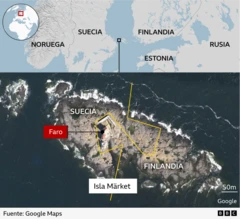 Mapa de la isla Märket mostrando la línea de la frontera trazada para acomodar el faro en forma de S
