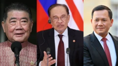 Từ trái sáng: Quyền Thủ tướng Thái Lan Phumtham Wechayachai, Thủ tướng Malaysia Anwar Ibrahim và Thủ tướng Campuchia Hun Manet