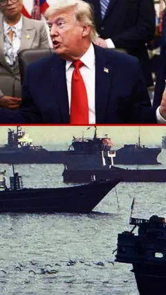 Rasmning tepa qismida Donald Tramp, pastki qismida esa Ho'rmuz bo'g'ozida kemalar