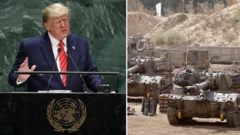 President Donald Trump speak for front of two mics, e wear white shirt and red tie. Tanks dey by di side