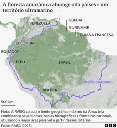 Mapa mostra a região amazônica, além dos oito países e um território ultramarino que fazem parte dela