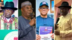 Collage images of Bola Ahmed Tinubu, Atiku Abubakar, Peter Obi and Goodluck Jonathan
