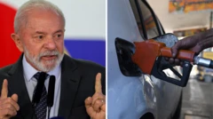 Montagem de fotos mostra o presidente Luiz Inácio Lula da Silva à esquerda e um carro sendo abastecido com combustível à direita