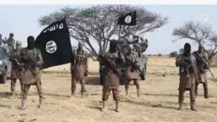 Ikọ Boko Haram ninu aginju. Wọn bo oju, gbe ibọn dani, kọyin si mọto wọn, bẹẹ ni wọn gbe asia kan ti wọn kọ keu si lara dani