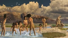 ภาพจำลองเหตุการณ์ในยุคน้ำแข็ง ขณะที่เด็ก ๆ กำลังเล่นสนุกในแอ่งน้ำขัง ซึ่งเกิดจากทางเดินของตัวสลอธยักษ์  