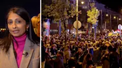 ブレザー姿のラジニ・バイディヤナザンBBC特派員の写真と、ハンガリーの街中に集まる群衆の写真が並んでいる