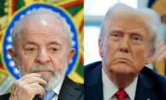Montagem com foto de Lula à esquerda e Trump à direita