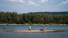 žene na malom ostrvu usred reke u kupaćim kostimima