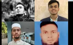 কোটা আন্দোলন ঘিরে সহিংসতা চলার সময় গুলিতে নিহত চারজন। ওপরে ডান দিক থেকে, ঘড়ির কাটা অনুসারে- মাহমুদুর রহমান সৈকত, মোঃ মেরাজ, মাহমুদুর রহমান সৈকত ও তাহির জামান প্রিয়