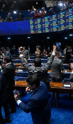 Senadores comemorando no plenário