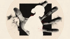 A treated image of a white silhouette of a woman in front of a large open hand. Behind them is a black square, a hint of smoke and beige concentric circles.