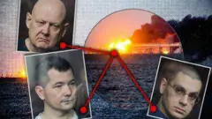 Колаж - фото трьох підозрюваних, від яких ідуть червоні лінії до мосту, що палає