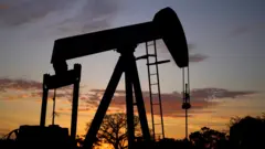 O contorno de uma bomba de extração de petróleo do tipo 'cabeça de cavalo' contra o céu ao entardecer. Também é possível ver o contorno de algumas árvores