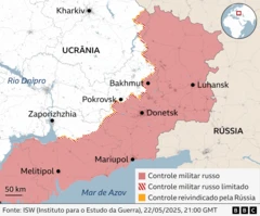 Mapa mostrando áreas ocupadas pela Rússia no sudeste da Ucrânia