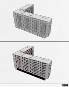 Dos ilustraciones en 3D de un edificio en Mariúpol.
