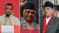 (बायाँबाट क्रमशः) नेपाली कांग्रेसका सभापति गगन थापा, नेकपा एमालेका अध्यक्ष केपी शर्मा ओली र नेकपाका संयोजक पुष्पकमला दाहाल 'प्रचण्ड'