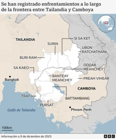 Map showing the border between Thailand and Cambodia and the disputed territories.