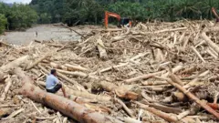setelah banjir bandang menerjang Desa Aek Garoga, Kecamatan Batang Toru, Kabupaten Tapanuli Selatan, Sumatra Utara