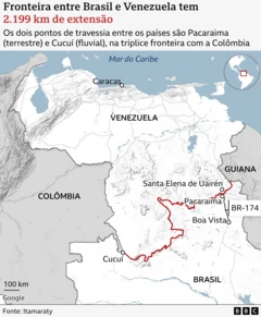 Mapa mostra fronteira da Venezuela com o Brasil