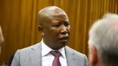 Julius Malema wearing suit as e face pesin wey get white hair