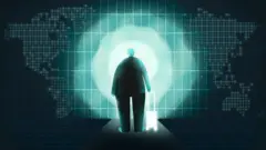 Абстрактний малюнок у чорно-зелених тонах - фігура людини з валізою стоїть біля схематичної мапи світу