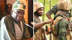 Collage of President Tinubu and sojas wey carry gun