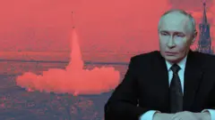 Composite image of President Putin over a background of a Soviet building and a rocket launch