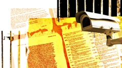 An adjusted imaged showing handwritten notes, bars and a CCTV camera, overlayed with an orange hue