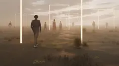 Pessoas caminhando por vários portais em paisagem nebulosa