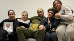 Anthony Joshua wit im mama (right) and family members of di victims including di mama of Ghami and Ayodele