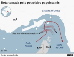 Mapa que mostra a rota seguida pelo petroleiro paquistanês através do Estreito de Ormuz.