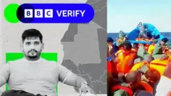 Image promotionnelle de la BBC montrant Fadi Gujjar et le bateau perdu au large des côtes de l'Afrique de l'Ouest. Les images sont superposées sur une carte de la Mauritanie.
