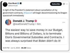 Resposta de Elon Musk a postagem de Donald Trump, em 5/6/2025