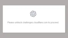 Uma mensagem de erro solicita o desbloqueio do cloudflare.com para prosseguir.