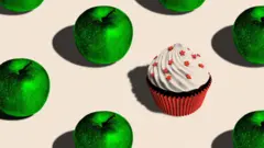 A treated image showing a cupcake and some green apples