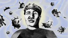 Малюнок, на якому на сірому тлі з блакитно-жовтими хвилястими лініями зображений чоловік, а навколо нього - молекули вірусів із шипами