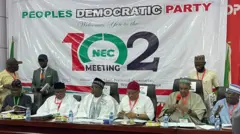 Members of di Peoples Democratic Party [PDP] gada for Abuja as dem hold dia 102 NEC meeting.